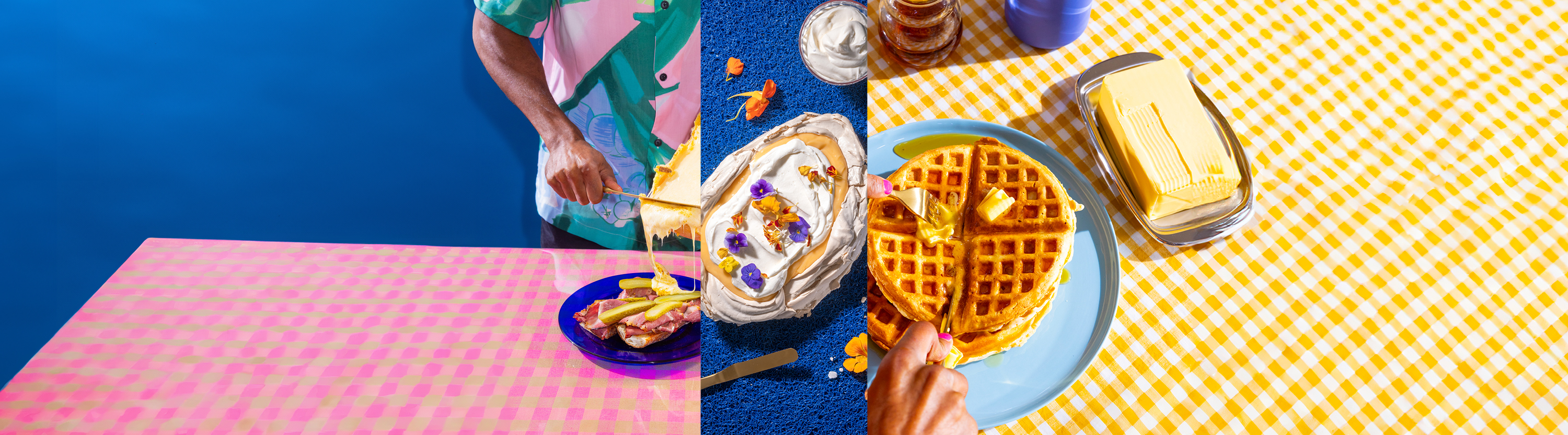 Image collage featuring a cheese raclette, pavlova with cream and waffles with butter.
