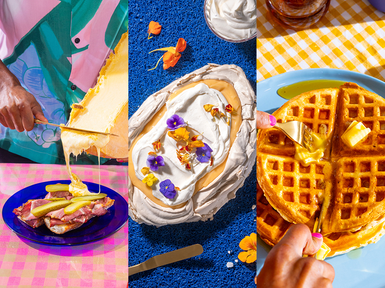Image collage featuring a cheese raclette, pavlova with cream and waffles with butter.