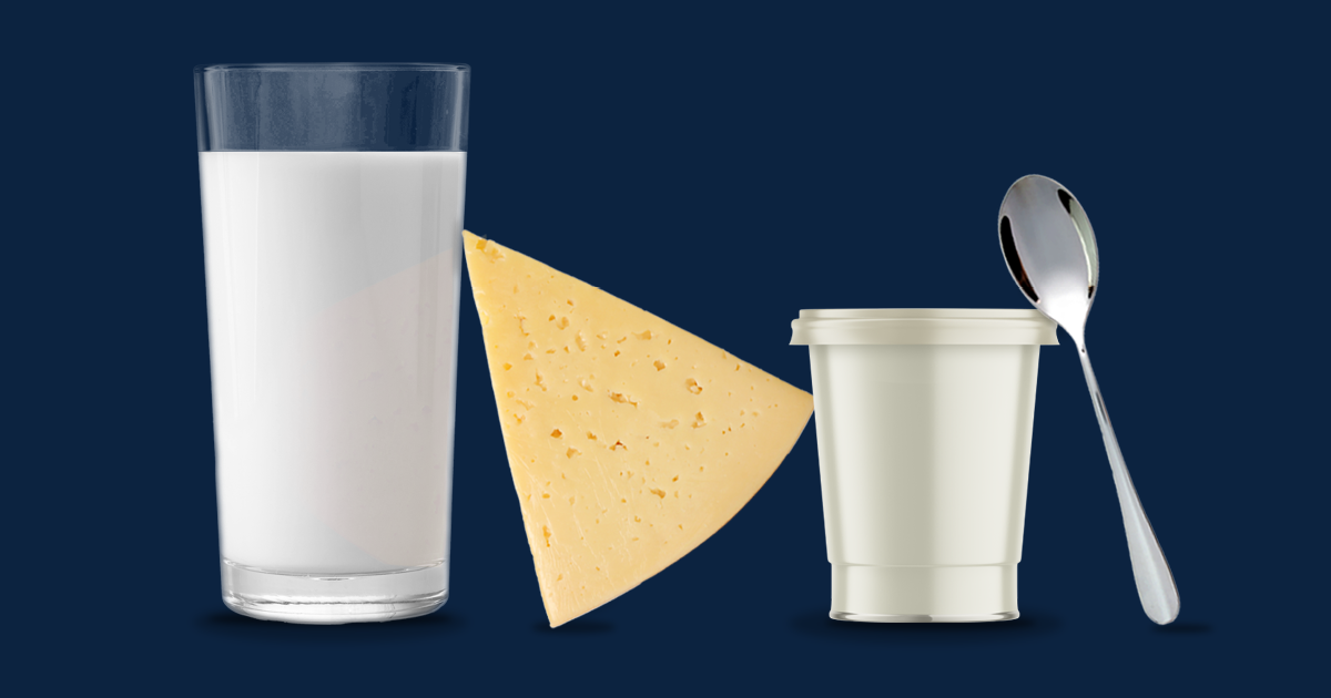 Graphic image featuring a glass of milk, a wedge of cheese and a yoghurt punnet.