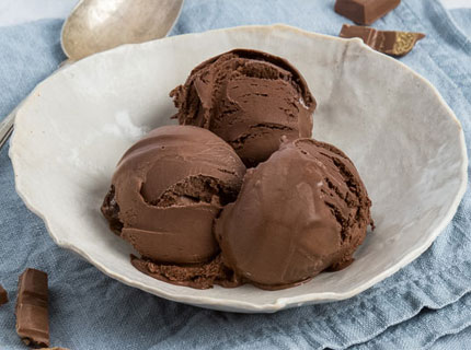 Three scoops of chocolate ice-cream in a bowl