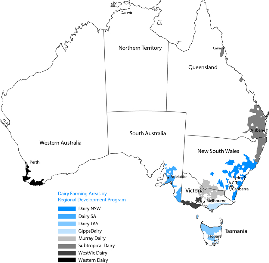 Map of Australia showcasing dairy regions