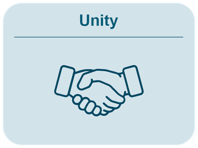 Graphic icon of two hands shaking which represents the word "Unity".