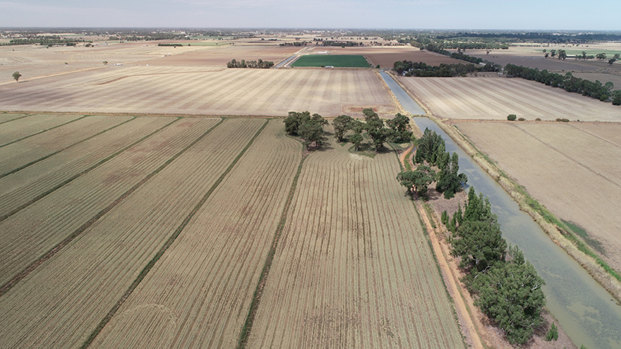 Overhead shot of pasture and river