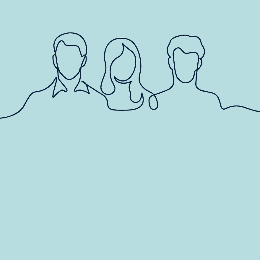 Graphic line drawing of three people's heads.